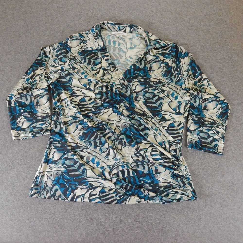 Liz Claiborne Womens Shirt Large Blue Leaf Print Wrap Stretch Collar 3/4 Sleeve